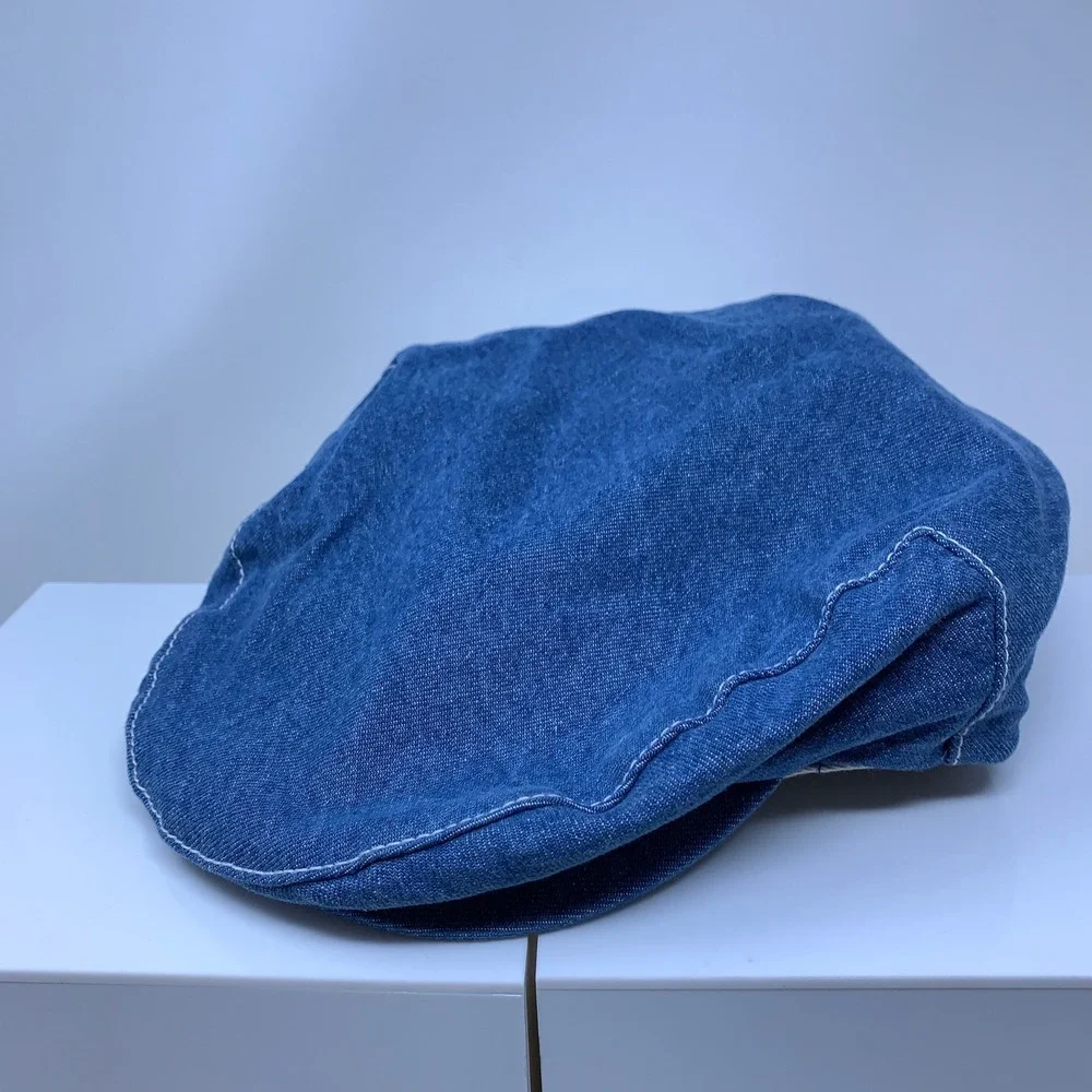 True Religion Mens OS Blue Denim Horseshoe Logo Newsboy Flat Cap Hat